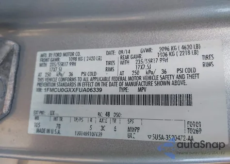 2015 Ford Escape Se z USA, uszkodzony, nr VIN 1FMCU0GXXFUA06339